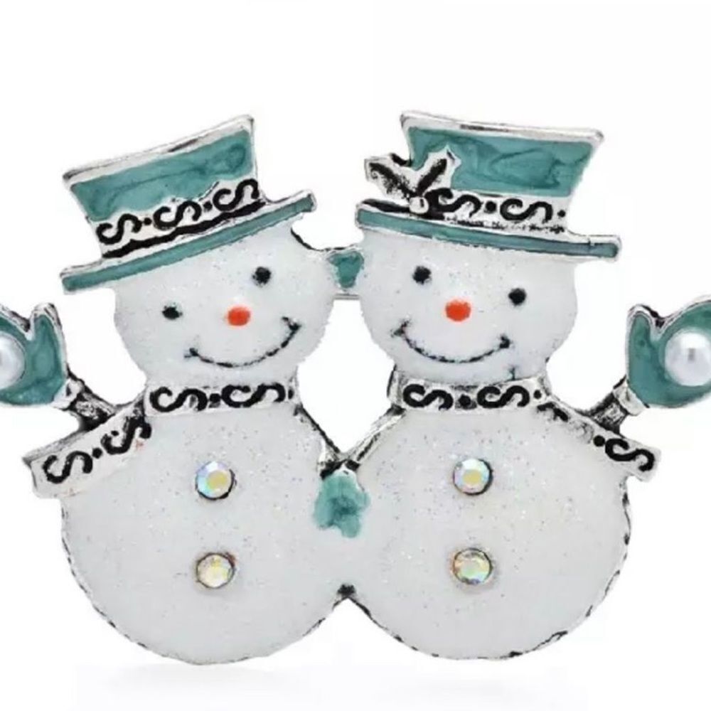 HAPPY CHRISTMAS SNOWMEN IN WHITE ENAMEL BROOCH‎